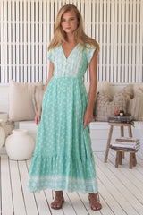 JAASE - Carmen Maxi Dress: Butterfly Cap Sleeve Button Down A Line Dress with Lace Trim in Sea Foam Print