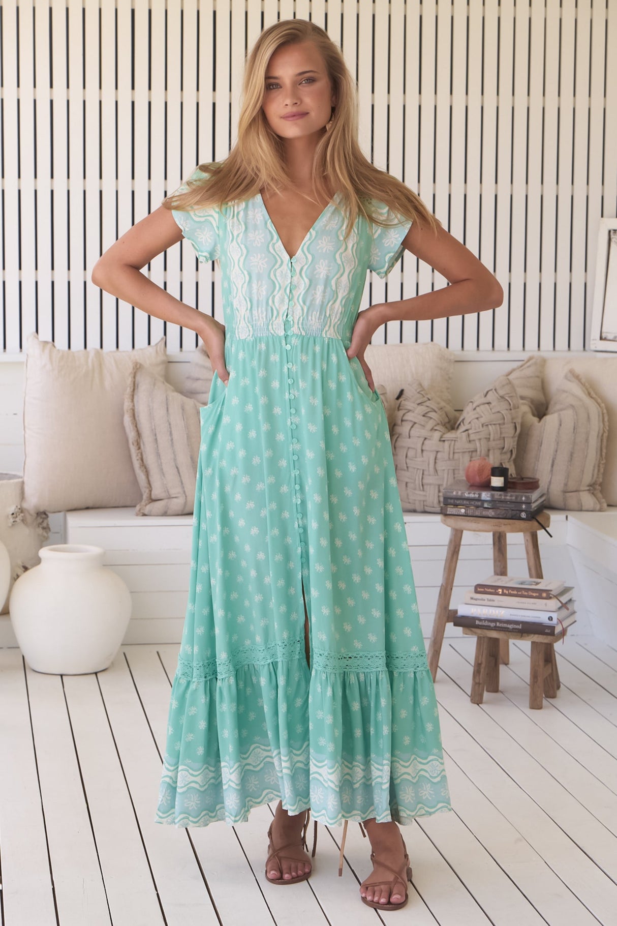 JAASE - Carmen Maxi Dress: Butterfly Cap Sleeve Button Down A Line Dress with Lace Trim in Sea Foam Print