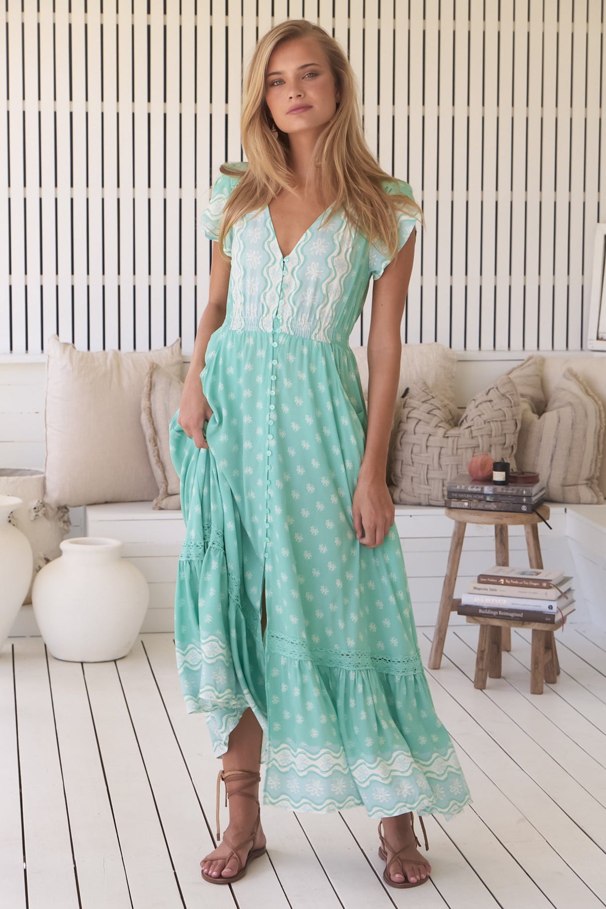 JAASE - Carmen Maxi Dress: Butterfly Cap Sleeve Button Down A Line Dress with Lace Trim in Sea Foam Print