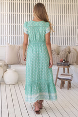 JAASE - Carmen Maxi Dress: Butterfly Cap Sleeve Button Down A Line Dress with Lace Trim in Sea Foam Print