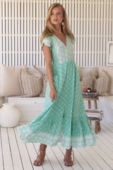 JAASE - Carmen Maxi Dress: Butterfly Cap Sleeve Button Down A Line Dress with Lace Trim in Sea Foam Print