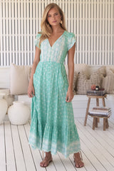 JAASE - Carmen Maxi Dress: Butterfly Cap Sleeve Button Down A Line Dress with Lace Trim in Sea Foam Print