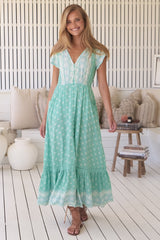 JAASE - Carmen Maxi Dress: Butterfly Cap Sleeve Button Down A Line Dress with Lace Trim in Sea Foam Print