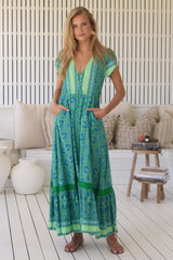 JAASE - Carmen Maxi Dress: Butterfly Cap Sleeve Button Down A Line Dress with Lace Trim in Tranquility Print