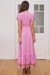 JAASE - Carmen Maxi Dress: Butterfly Cap Sleeve Button Down A Line Dress with Lace Trim in Venus Print