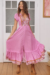 JAASE - Carmen Maxi Dress: Butterfly Cap Sleeve Button Down A Line Dress with Lace Trim in Venus Print