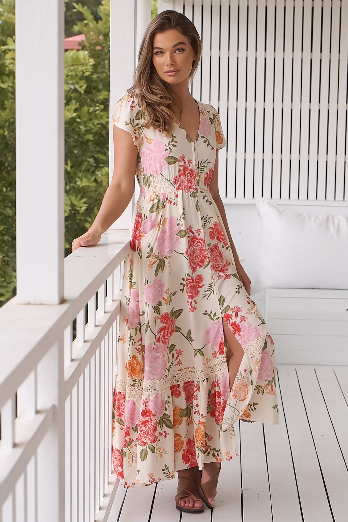 JAASE - Carmen Maxi Dress: Butterfly Cap Sleeve Button Down A Line Dress with Lace Trim in Verbena