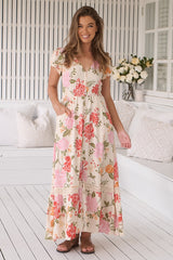 JAASE - Carmen Maxi Dress: Butterfly Cap Sleeve Button Down A Line Dress with Lace Trim in Verbena