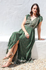 JAASE - Carmen Maxi Dress: Butterfly Cap Sleeve Button Down A Line Dress with Lace Trim in Virdian Print