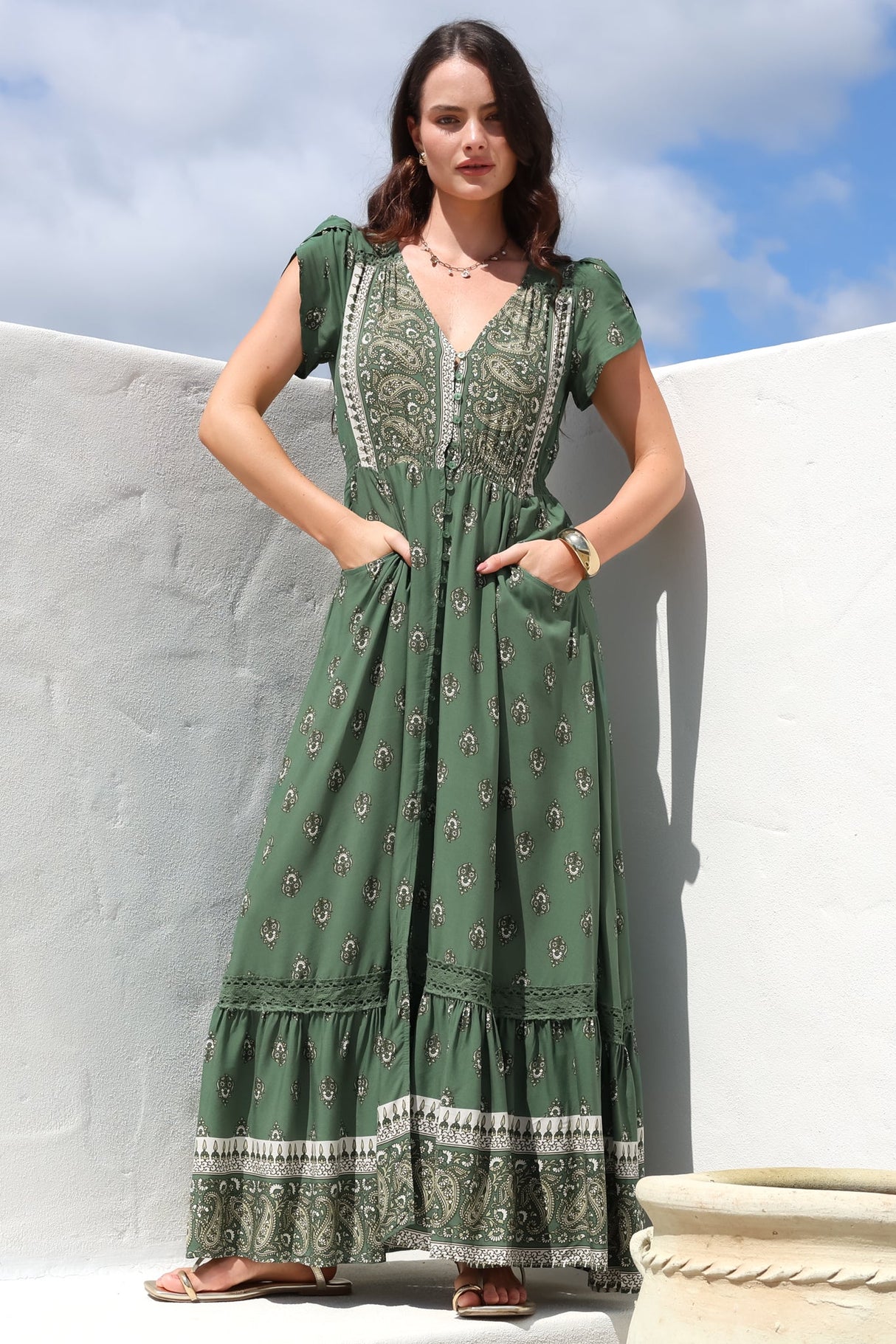 JAASE - Carmen Maxi Dress: Butterfly Cap Sleeve Button Down A Line Dress with Lace Trim in Virdian Print