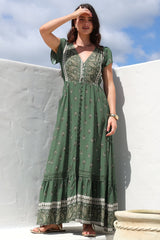 JAASE - Carmen Maxi Dress: Butterfly Cap Sleeve Button Down A Line Dress with Lace Trim in Virdian Print