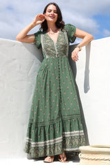 JAASE - Carmen Maxi Dress: Butterfly Cap Sleeve Button Down A Line Dress with Lace Trim in Virdian Print