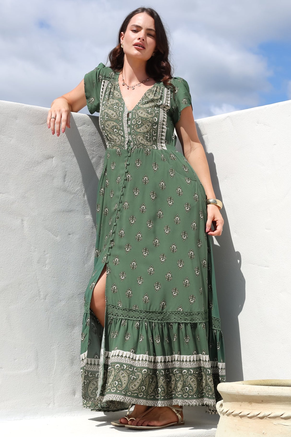 JAASE - Carmen Maxi Dress: Butterfly Cap Sleeve Button Down A Line Dress with Lace Trim in Virdian Print