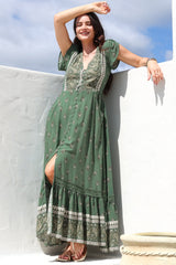 JAASE - Carmen Maxi Dress: Butterfly Cap Sleeve Button Down A Line Dress with Lace Trim in Virdian Print