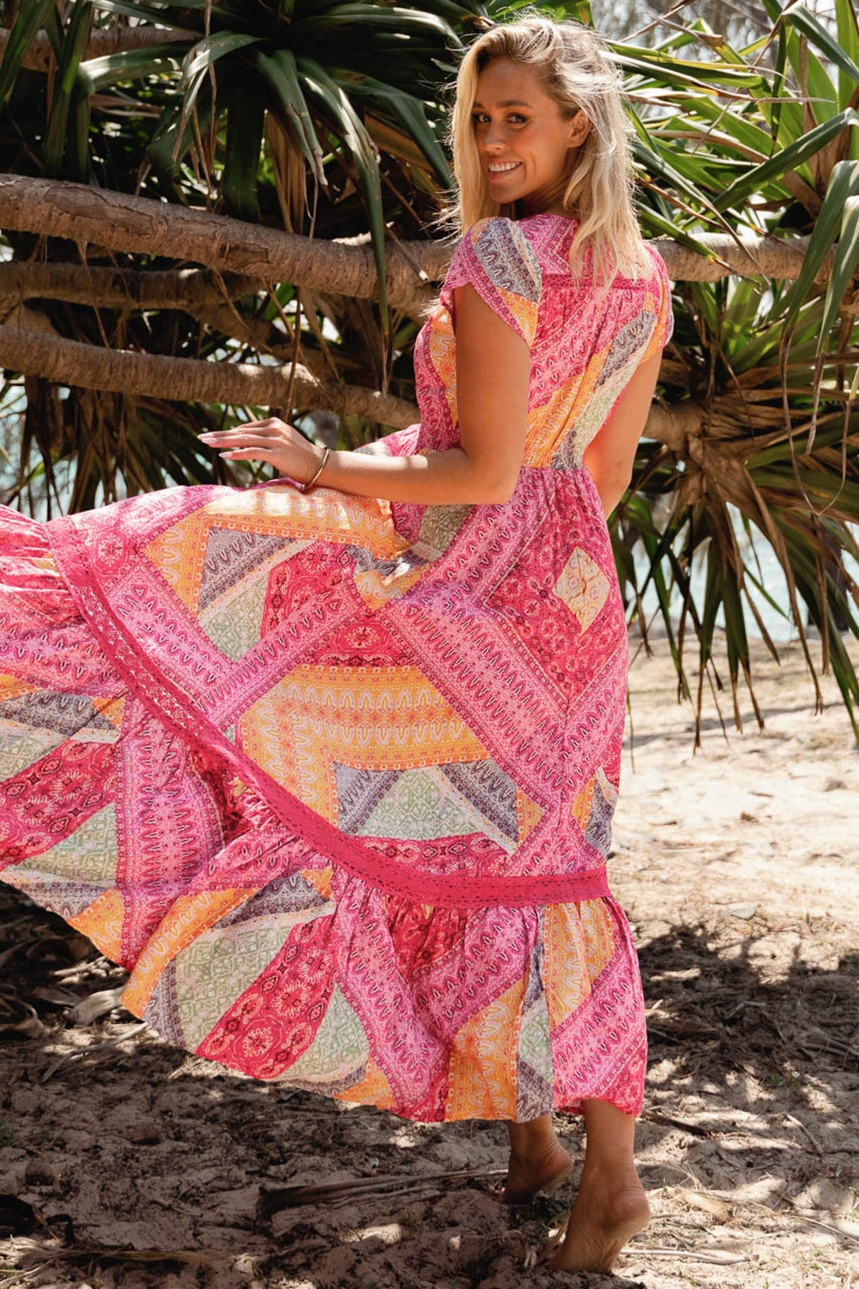 JAASE - Carmen Maxi Dress: Butterfly Cap Sleeve Button Down A Line Dress with Lace Trim in Viva Bonita Print