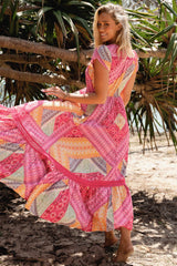 JAASE - Carmen Maxi Dress: Butterfly Cap Sleeve Button Down A Line Dress with Lace Trim in Viva Bonita Print