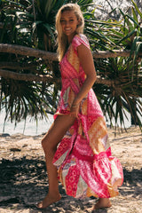 JAASE - Carmen Maxi Dress: Butterfly Cap Sleeve Button Down A Line Dress with Lace Trim in Viva Bonita Print
