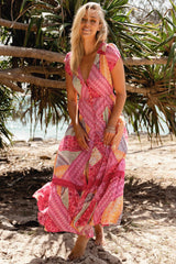 JAASE - Carmen Maxi Dress: Butterfly Cap Sleeve Button Down A Line Dress with Lace Trim in Viva Bonita Print