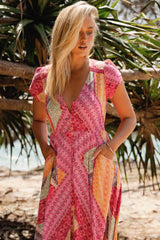 JAASE - Carmen Maxi Dress: Butterfly Cap Sleeve Button Down A Line Dress with Lace Trim in Viva Bonita Print