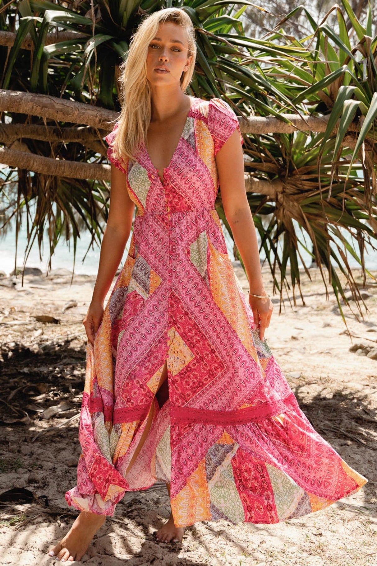 JAASE - Carmen Maxi Dress: Butterfly Cap Sleeve Button Down A Line Dress with Lace Trim in Viva Bonita Print