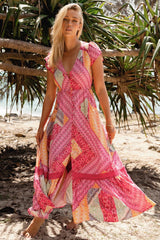 JAASE - Carmen Maxi Dress: Butterfly Cap Sleeve Button Down A Line Dress with Lace Trim in Viva Bonita Print