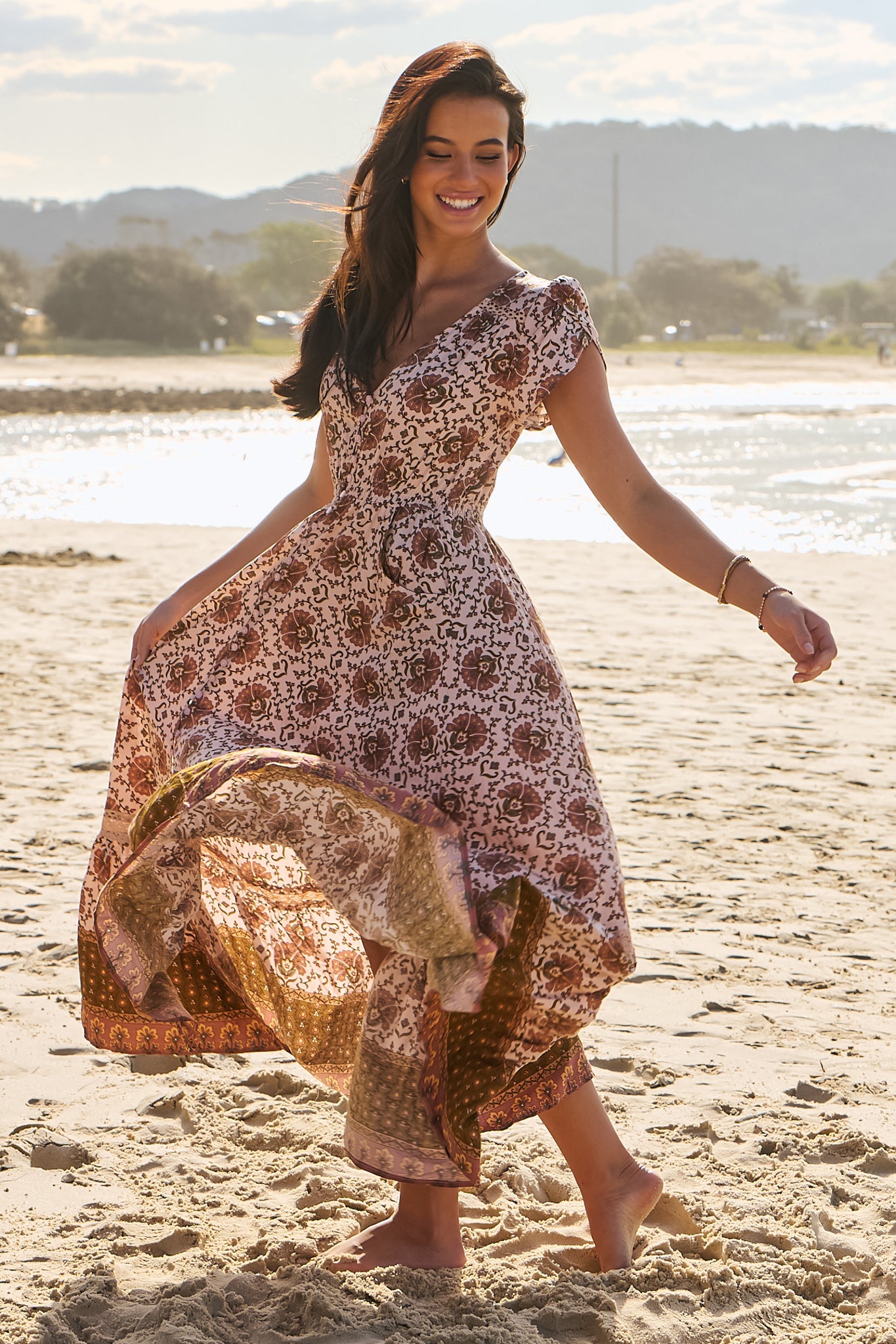 JAASE - Carmen Maxi Dress: Butterfly Cap Sleeve Button Down A Line Dress with Lace Trim in Wild Gypsy Print