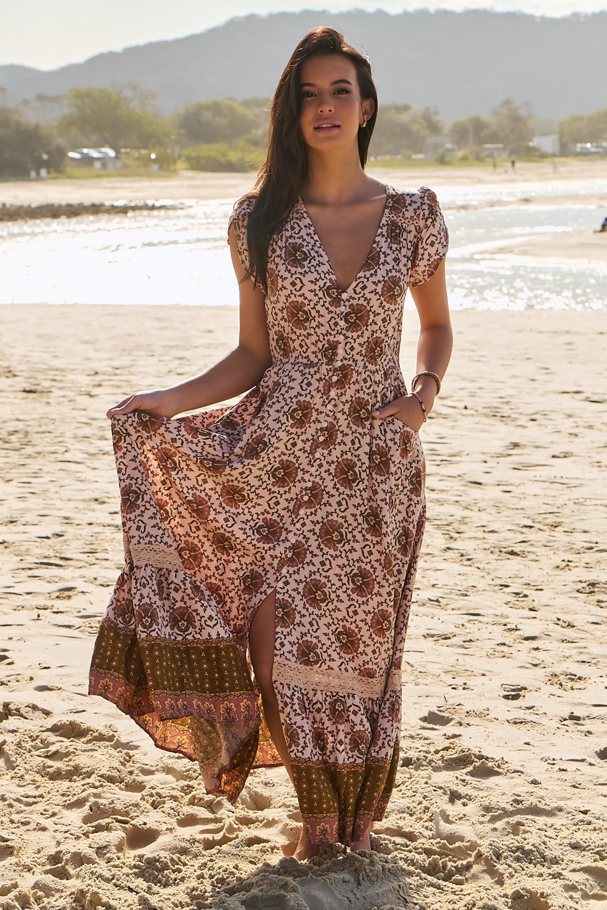 JAASE - Carmen Maxi Dress: Butterfly Cap Sleeve Button Down A Line Dress with Lace Trim in Wild Gypsy Print