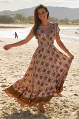 JAASE - Carmen Maxi Dress: Butterfly Cap Sleeve Button Down A Line Dress with Lace Trim in Wild Gypsy Print