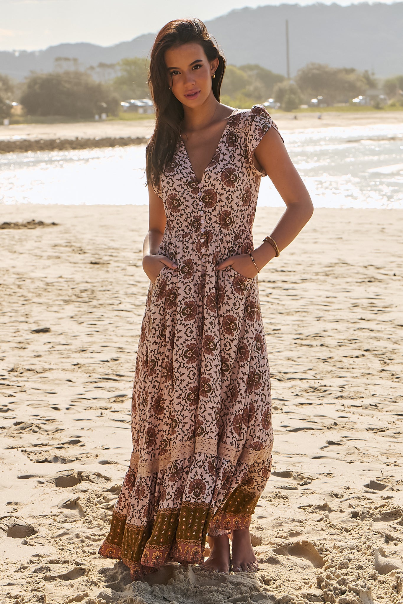 JAASE - Carmen Maxi Dress: Butterfly Cap Sleeve Button Down A Line Dress with Lace Trim in Wild Gypsy Print