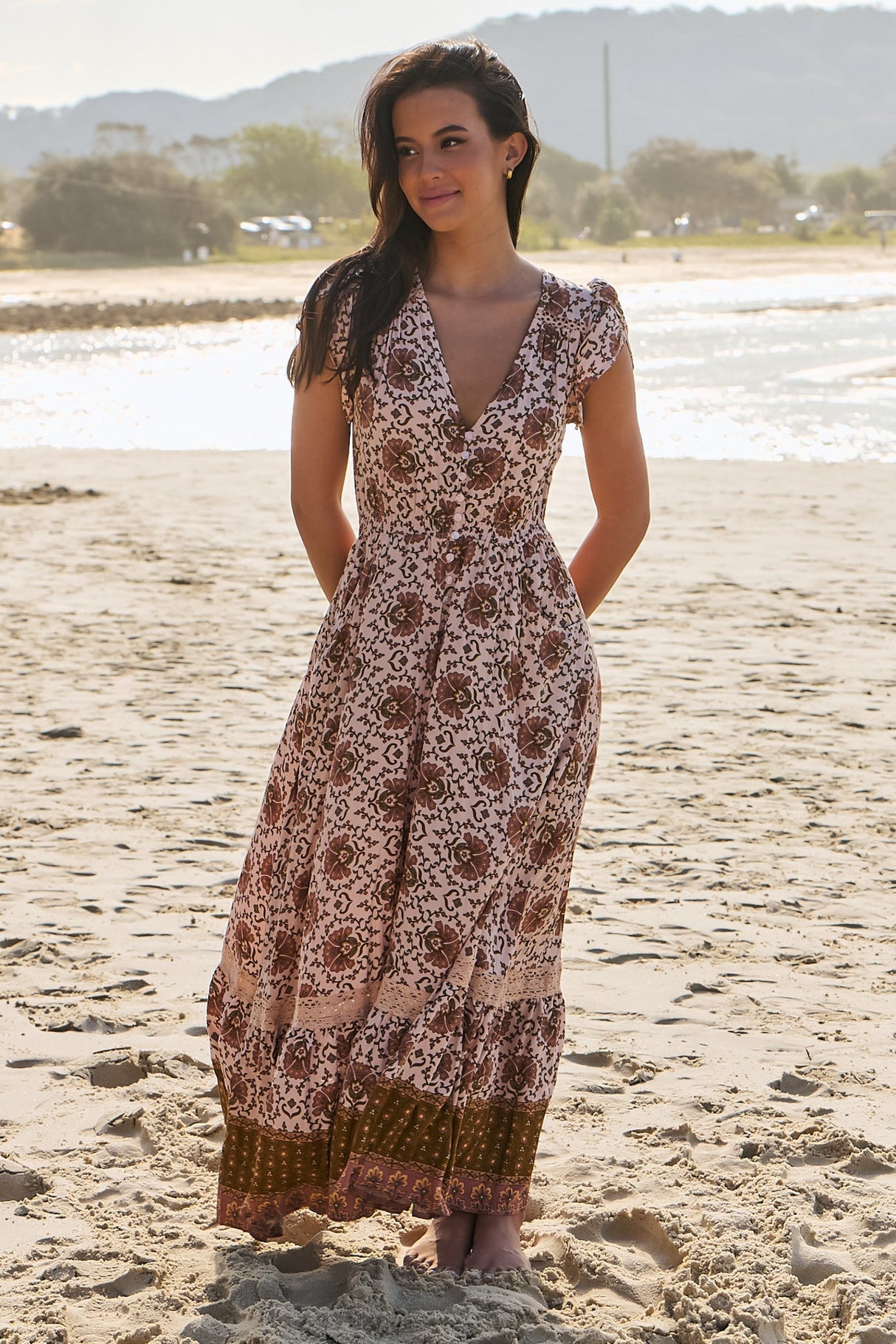 JAASE - Carmen Maxi Dress: Butterfly Cap Sleeve Button Down A Line Dress with Lace Trim in Wild Gypsy Print