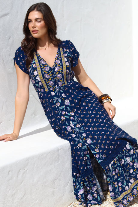 JAASE - Carmen Maxi Dress: Butterfly Cap Sleeve Button Down A Line Dress with Lace Trim in Wild Indigo Print
