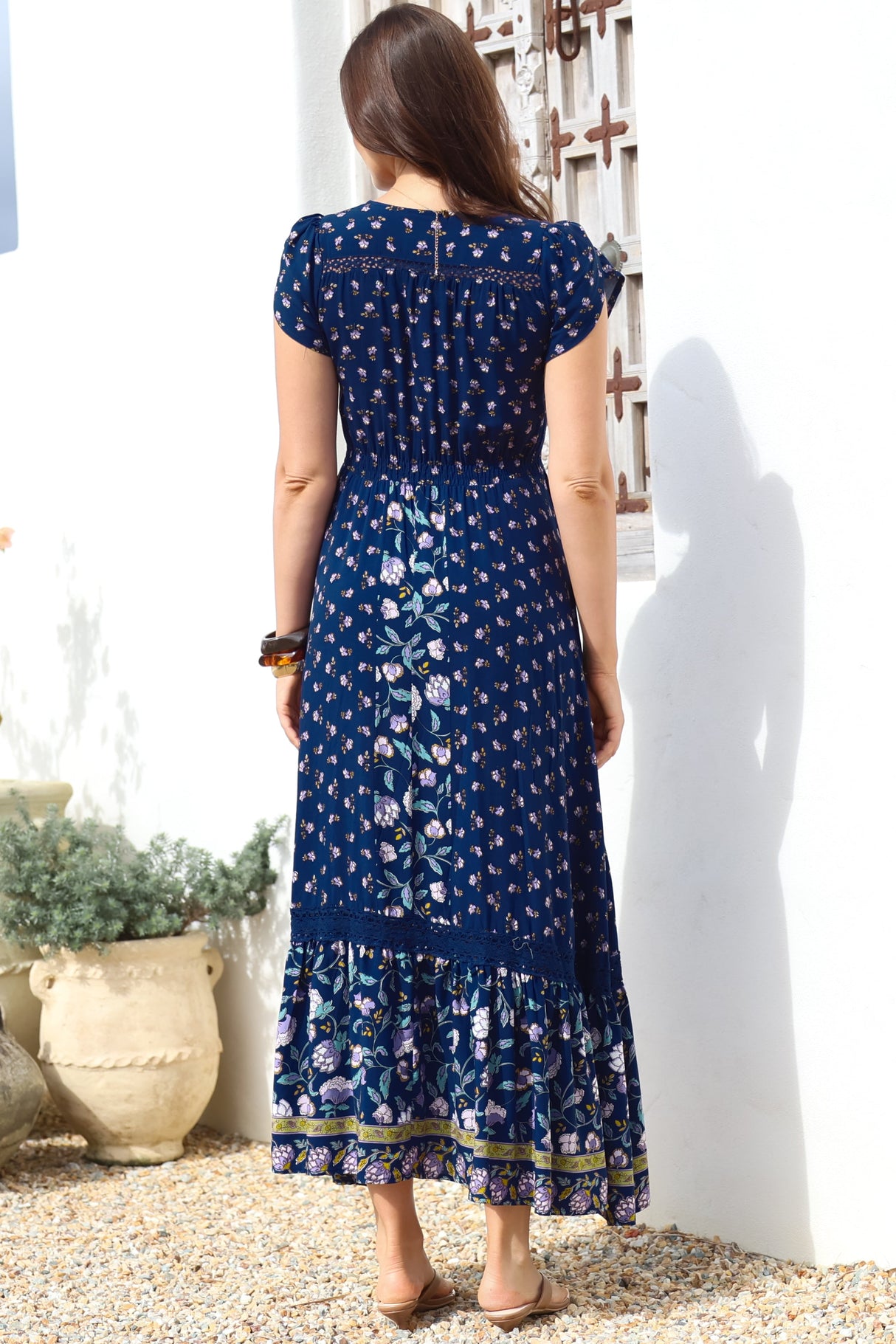 JAASE - Carmen Maxi Dress: Butterfly Cap Sleeve Button Down A Line Dress with Lace Trim in Wild Indigo Print