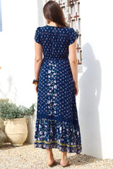 JAASE - Carmen Maxi Dress: Butterfly Cap Sleeve Button Down A Line Dress with Lace Trim in Wild Indigo Print