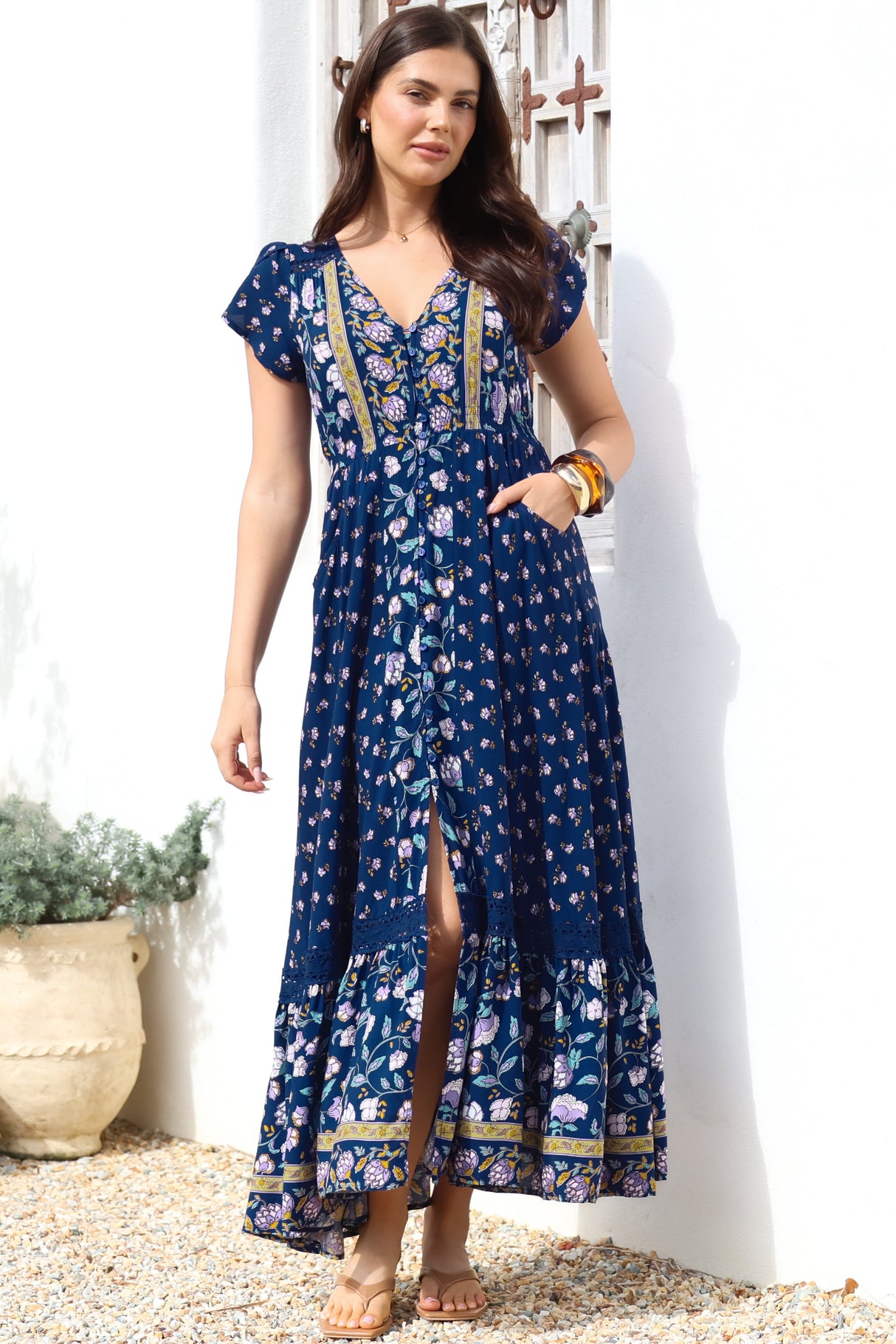 JAASE - Carmen Maxi Dress: Butterfly Cap Sleeve Button Down A Line Dress with Lace Trim in Wild Indigo Print