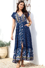 JAASE - Carmen Maxi Dress: Butterfly Cap Sleeve Button Down A Line Dress with Lace Trim in Wild Indigo Print