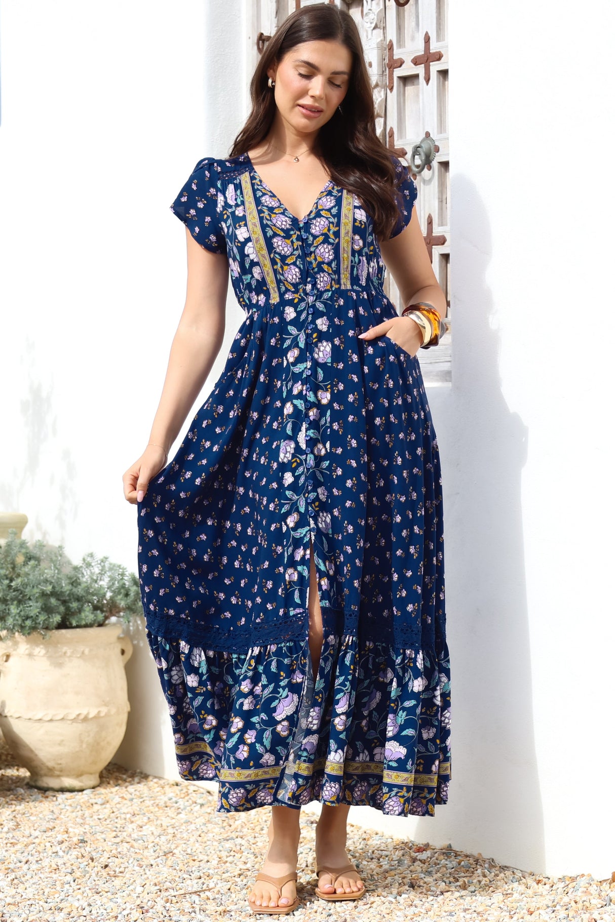 JAASE - Carmen Maxi Dress: Butterfly Cap Sleeve Button Down A Line Dress with Lace Trim in Wild Indigo Print