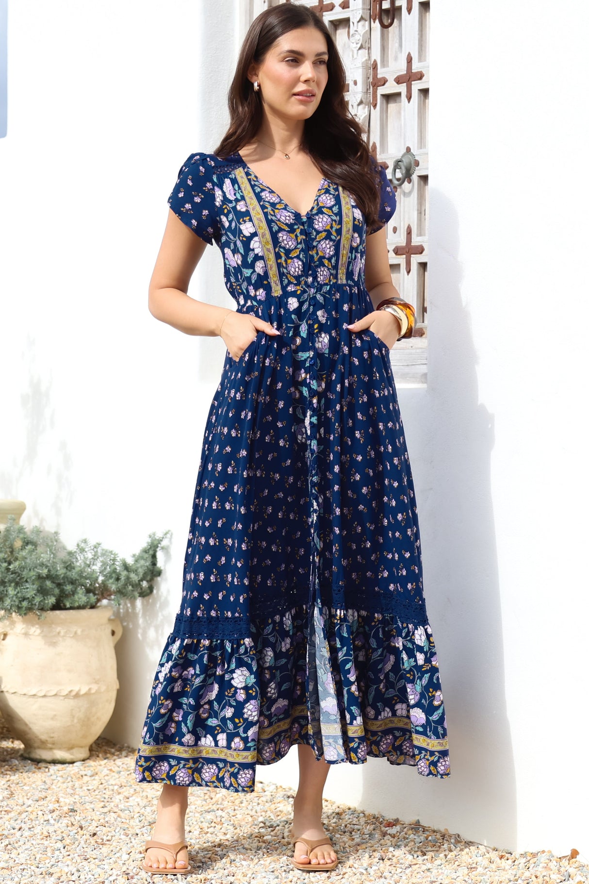 JAASE - Carmen Maxi Dress: Butterfly Cap Sleeve Button Down A Line Dress with Lace Trim in Wild Indigo Print