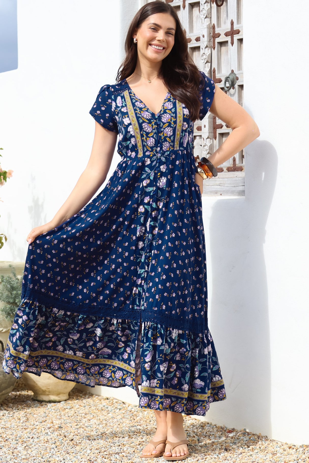 JAASE - Carmen Maxi Dress: Butterfly Cap Sleeve Button Down A Line Dress with Lace Trim in Wild Indigo Print