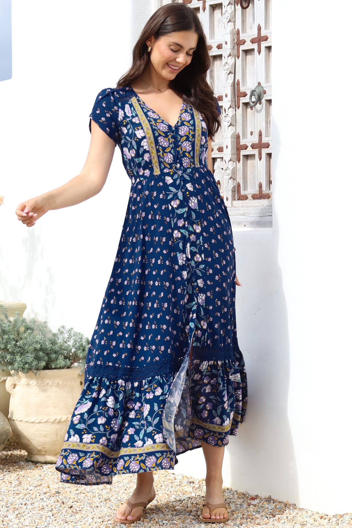 JAASE - Carmen Maxi Dress: Butterfly Cap Sleeve Button Down A Line Dress with Lace Trim in Wild Indigo Print
