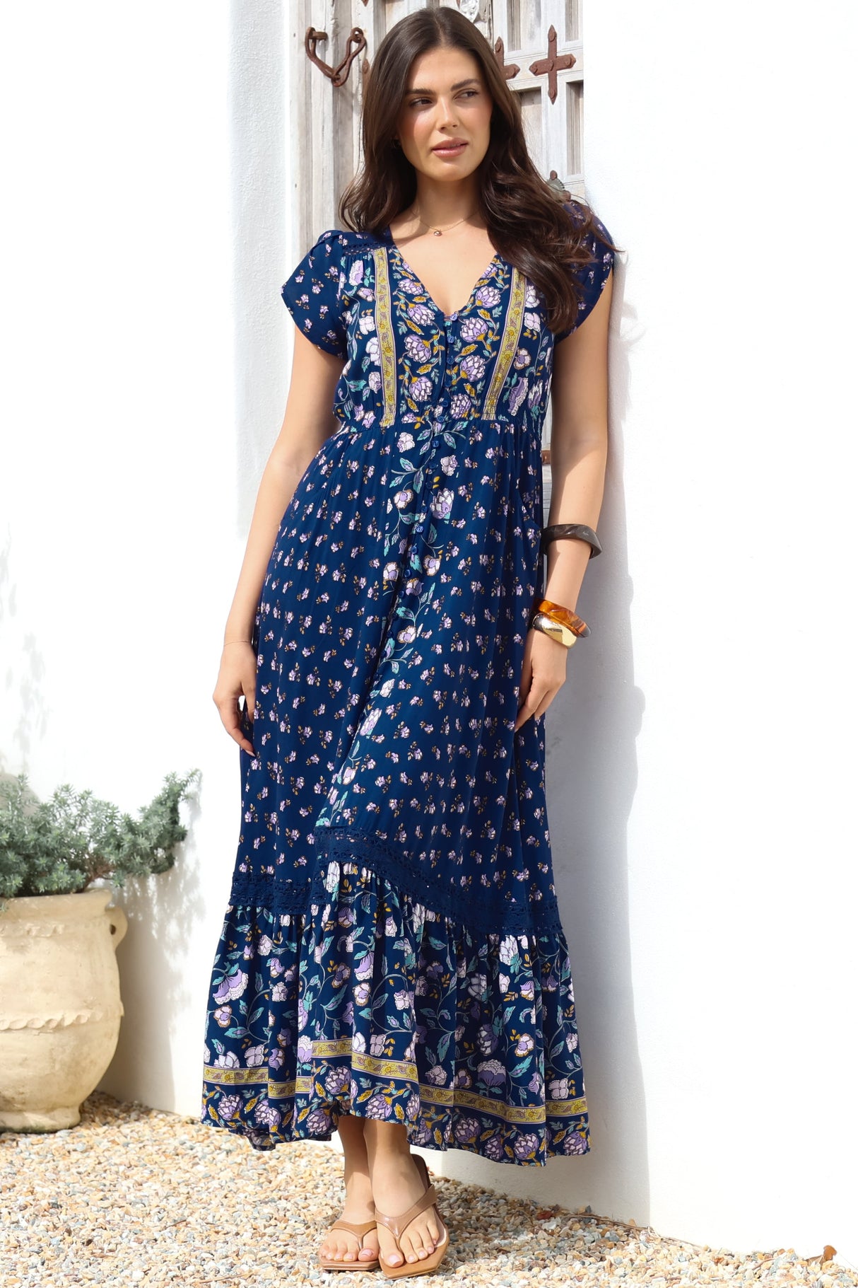 JAASE - Carmen Maxi Dress: Butterfly Cap Sleeve Button Down A Line Dress with Lace Trim in Wild Indigo Print