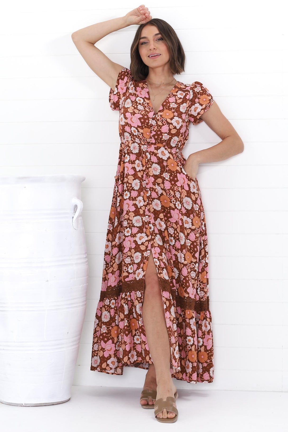 JAASE - Carmen Maxi Dress: Butterfly Cap Sleeve Button Down A Line Dress with Lace Trim in Pixie Print