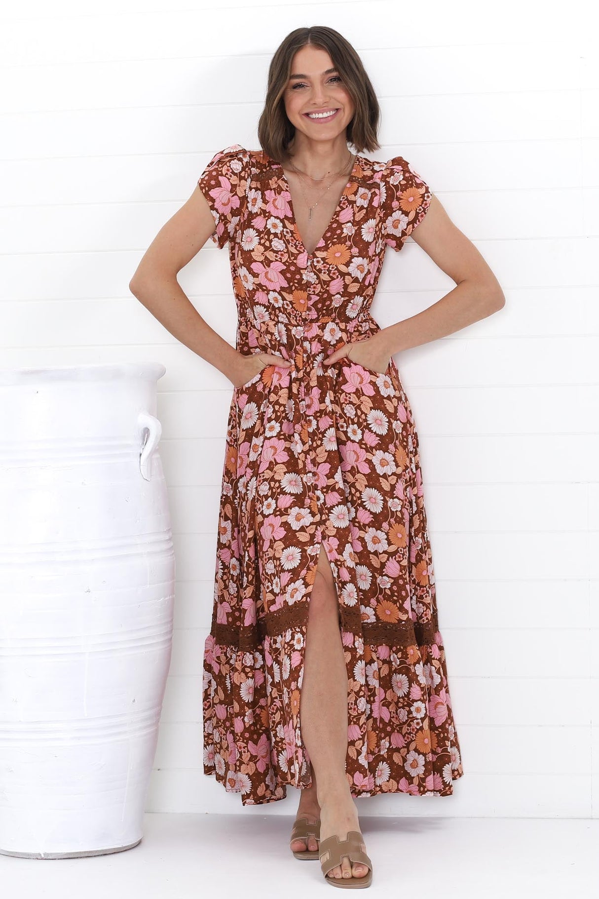 JAASE - Carmen Maxi Dress: Butterfly Cap Sleeve Button Down A Line Dress with Lace Trim in Pixie Print