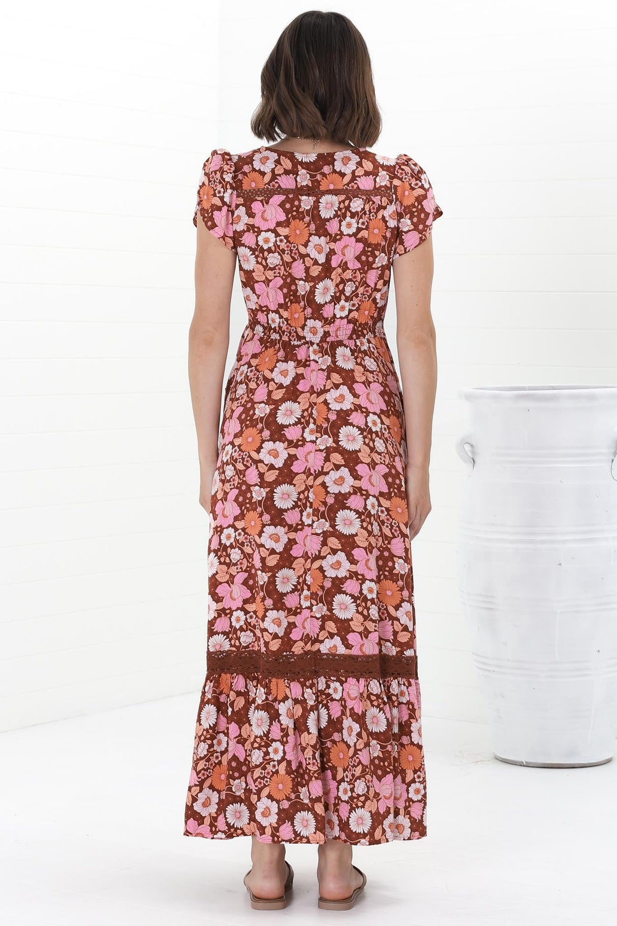 JAASE - Carmen Maxi Dress: Butterfly Cap Sleeve Button Down A Line Dress with Lace Trim in Pixie Print