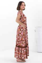 JAASE - Carmen Maxi Dress: Butterfly Cap Sleeve Button Down A Line Dress with Lace Trim in Pixie Print