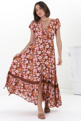 JAASE - Carmen Maxi Dress: Butterfly Cap Sleeve Button Down A Line Dress with Lace Trim in Pixie Print