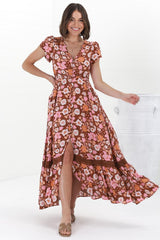 JAASE - Carmen Maxi Dress: Butterfly Cap Sleeve Button Down A Line Dress with Lace Trim in Pixie Print