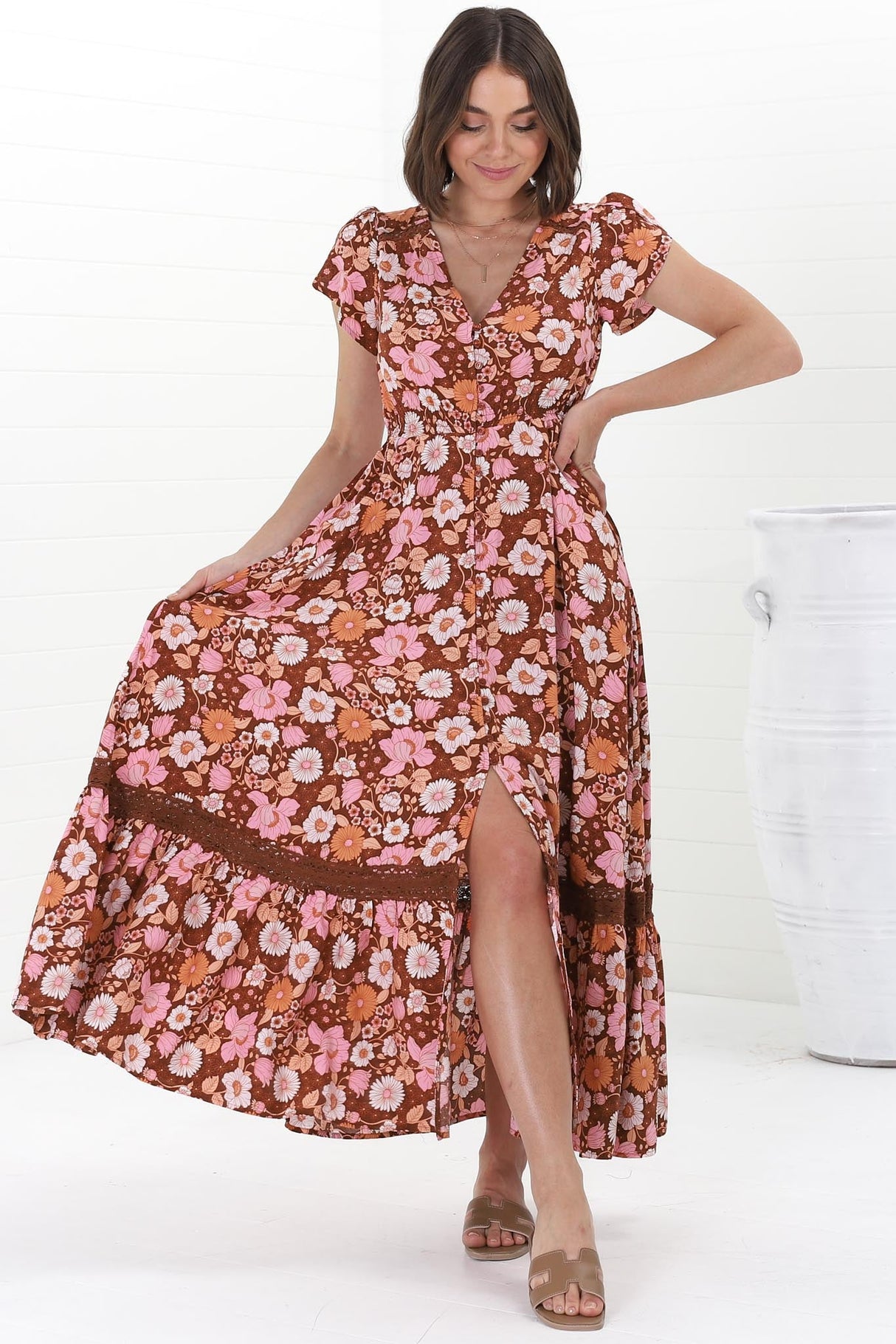 JAASE - Carmen Maxi Dress: Butterfly Cap Sleeve Button Down A Line Dress with Lace Trim in Pixie Print