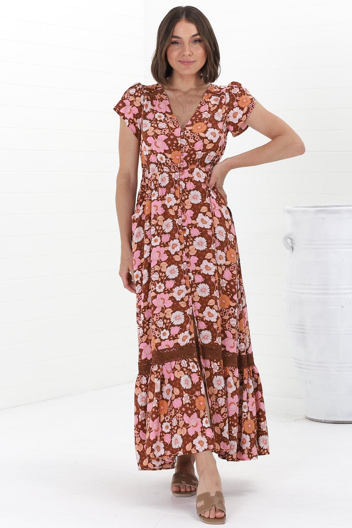 JAASE - Carmen Maxi Dress: Butterfly Cap Sleeve Button Down A Line Dress with Lace Trim in Pixie Print