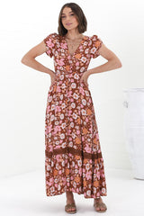 JAASE - Carmen Maxi Dress: Butterfly Cap Sleeve Button Down A Line Dress with Lace Trim in Pixie Print