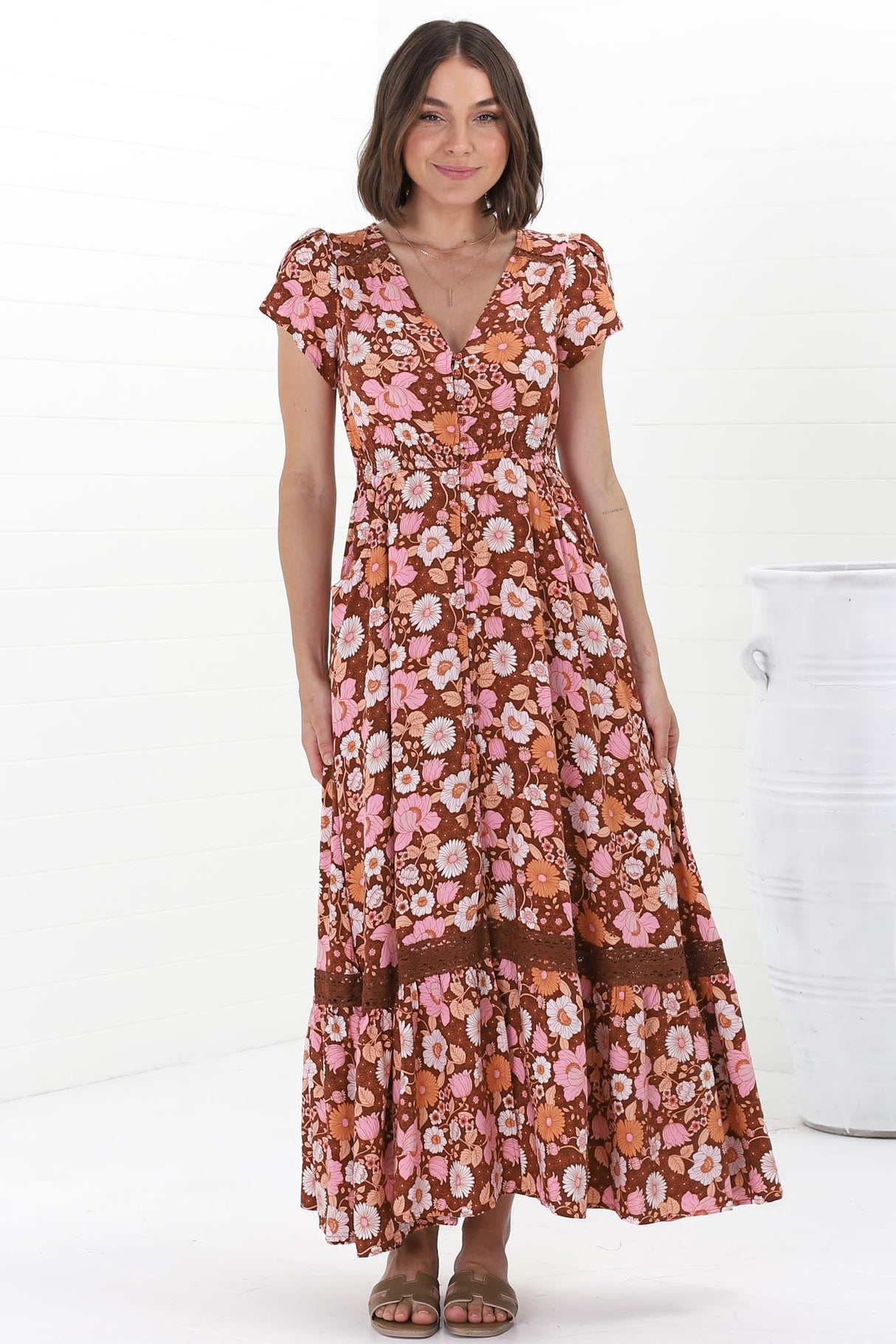 JAASE - Carmen Maxi Dress: Butterfly Cap Sleeve Button Down A Line Dress with Lace Trim in Pixie Print